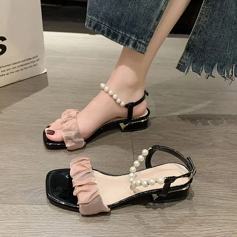 Footwear One Word with Low Heels Block Heel White Sandals for Woman Summer 2024 Pearl Roman Style Medium Buckles Women\'s Shoes F