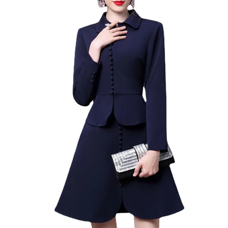 New Winter Premium Set Doll Neck Long Sleeve Coat A-line Short Skirt Two Piece Set