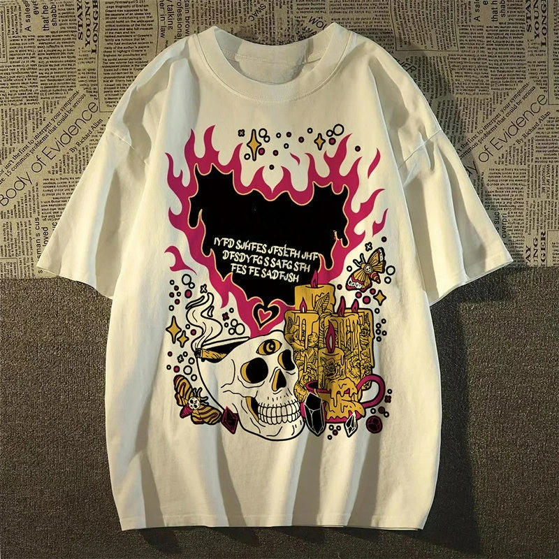 

New High-quality Fashion Retro American High-street Tide Brand Skull Printing Crew Neck Men's and Women's Loose Short Sleeves
