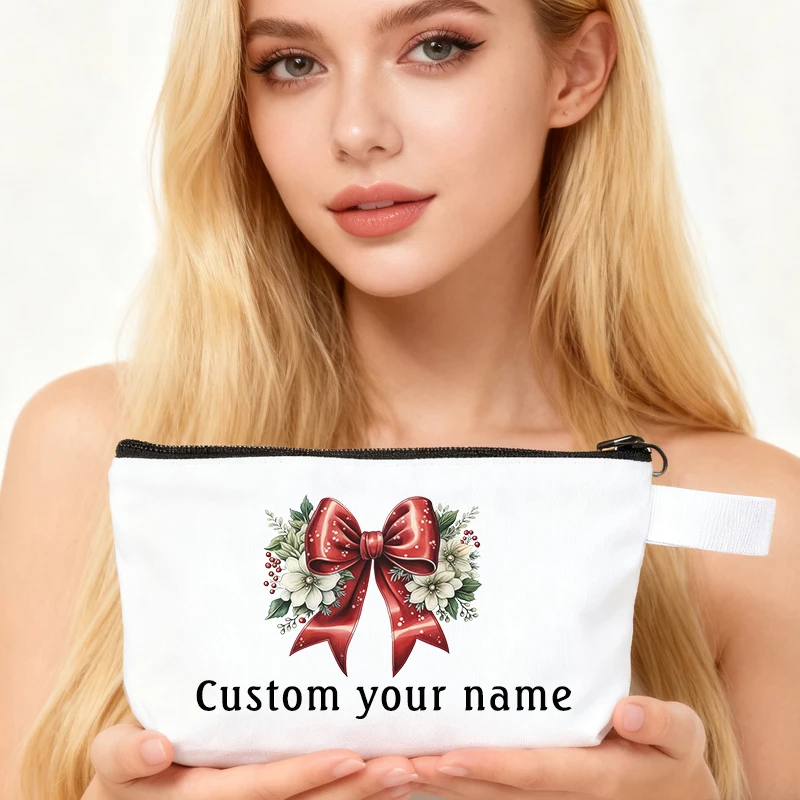 

Bowknot Picture Makeup Bag Custom Name Pencil Cases Cosmetic Pouch Stationery Organizer Travel Toiletry Bag Zipper Canvas Bag