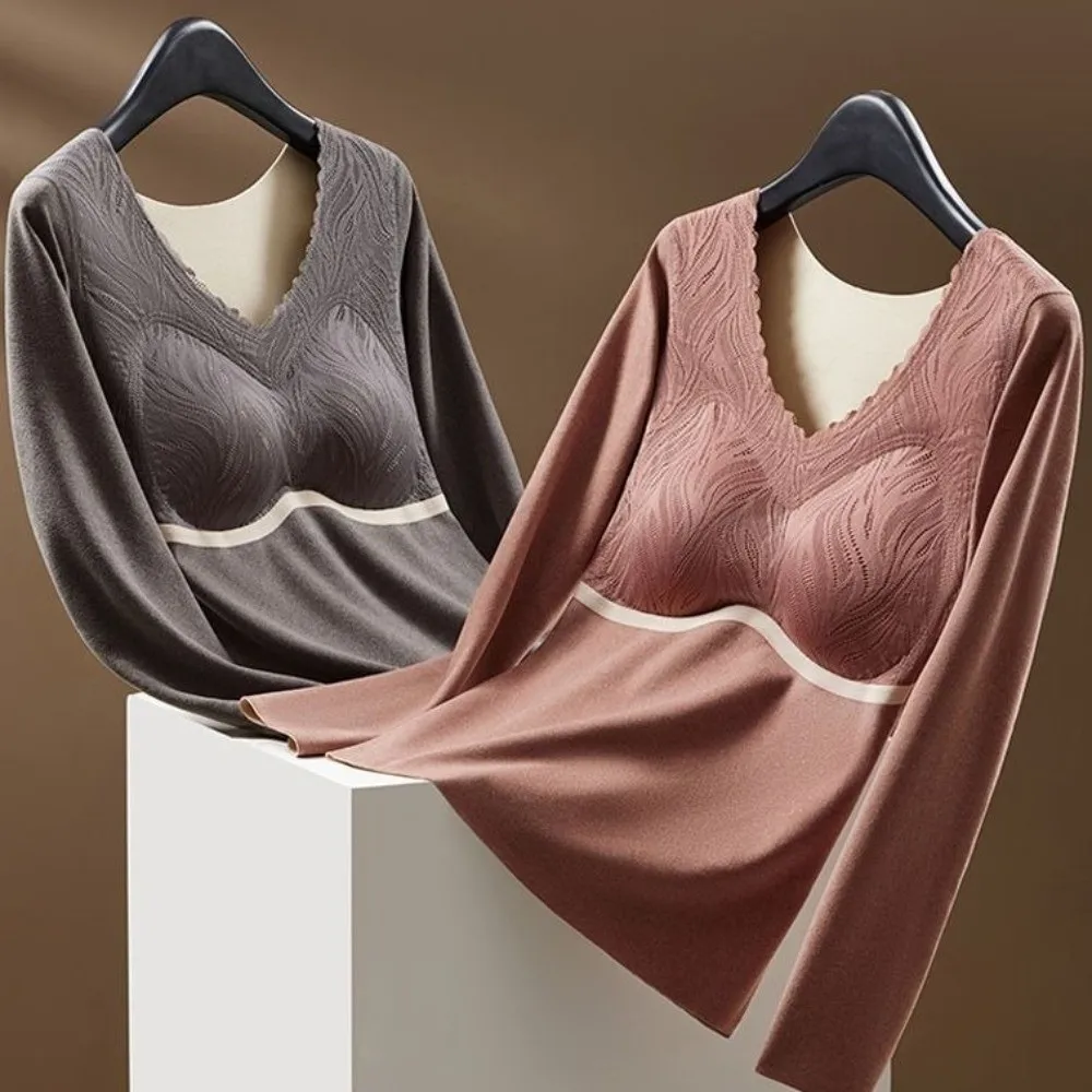 

Large Size Women Thermal Clothes U Round Neck Velvet Fleece Thermal Underwear Feel Heating Invisible Warmth Long Tops