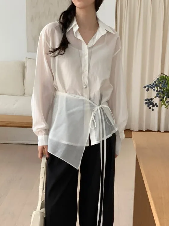 

Women's Micro-Transparent irt Spring New Design Sense One-Piece Belted Layering Curtain Set Versatile Ele Faionable