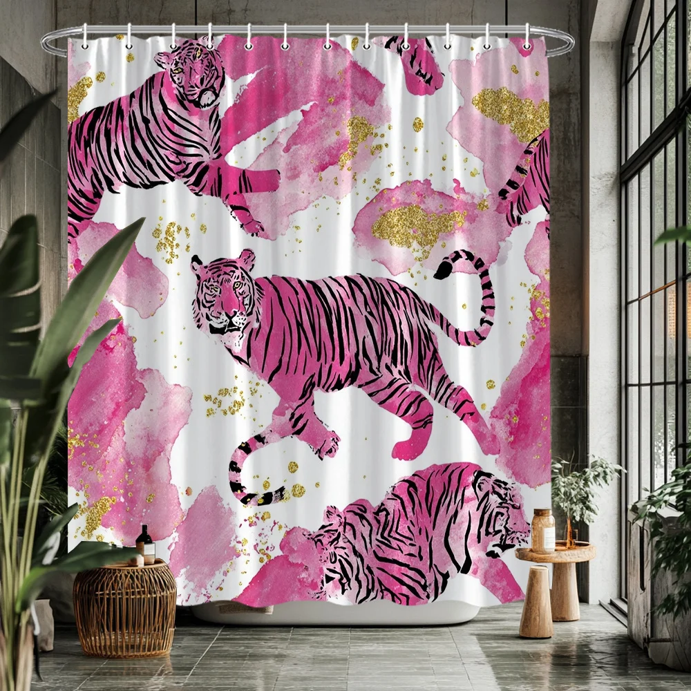 

Розовая занавеска для душа с изображением тигра – акварельный рисунок, черные полосы и золотая фольга, 2D-печать, устойчивый к выцветанию полиэстер, 12 крючков