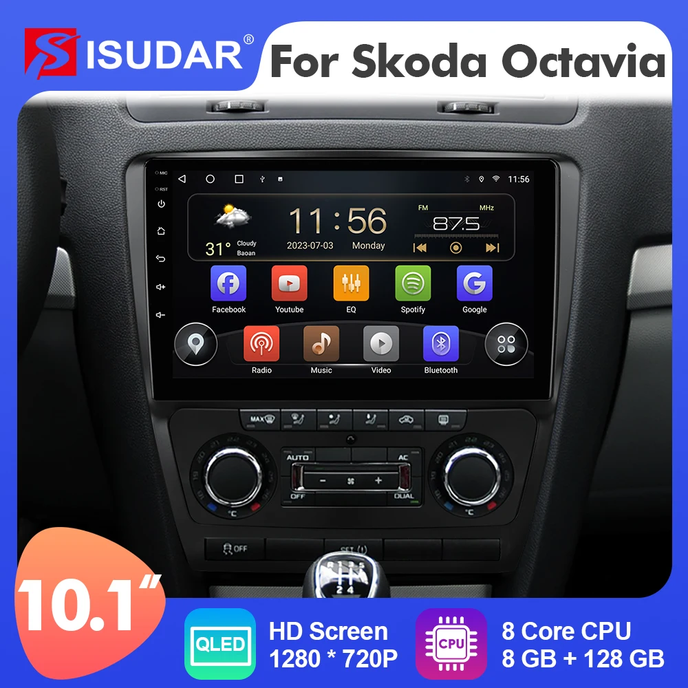 10.1 Inch Isudar Android 12 Car Radio For Skoda Octavia A5 2007-2009 Carplay Auto Stereo GPS No 2din