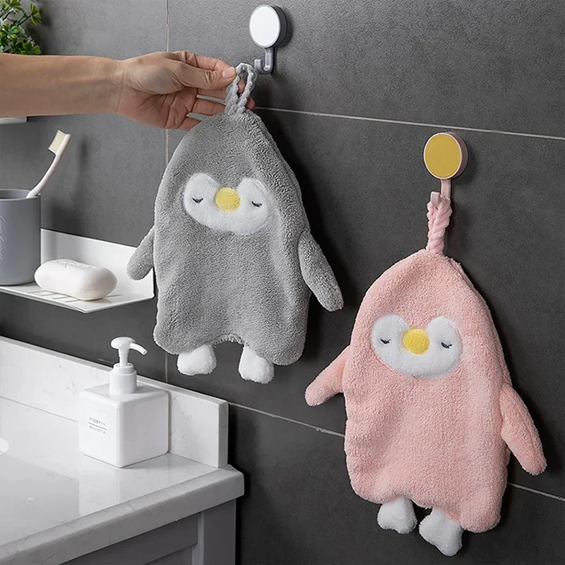 

Sqinans 1PC Cartoon Hanging Hand Towel Soft Coral Kitchen Towel Cute Penguin Kids Bathing Towel Quick Dry Towels