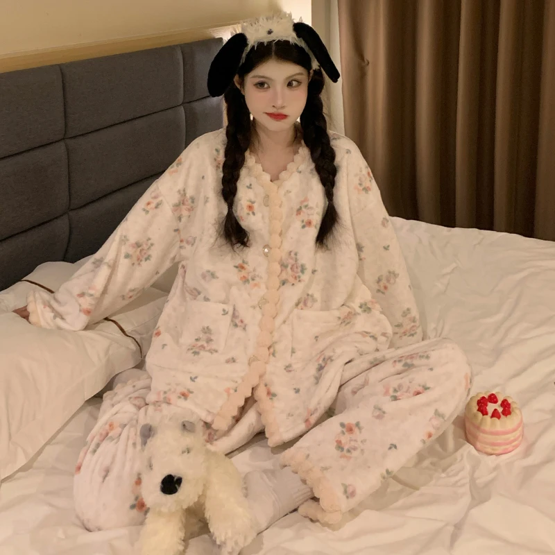 

Pajama Bodysuit Sets Women Terry European Design Easy Care Scoop Neck Long Sleeve Full Length Pants Winter Weight Loungewear Ins