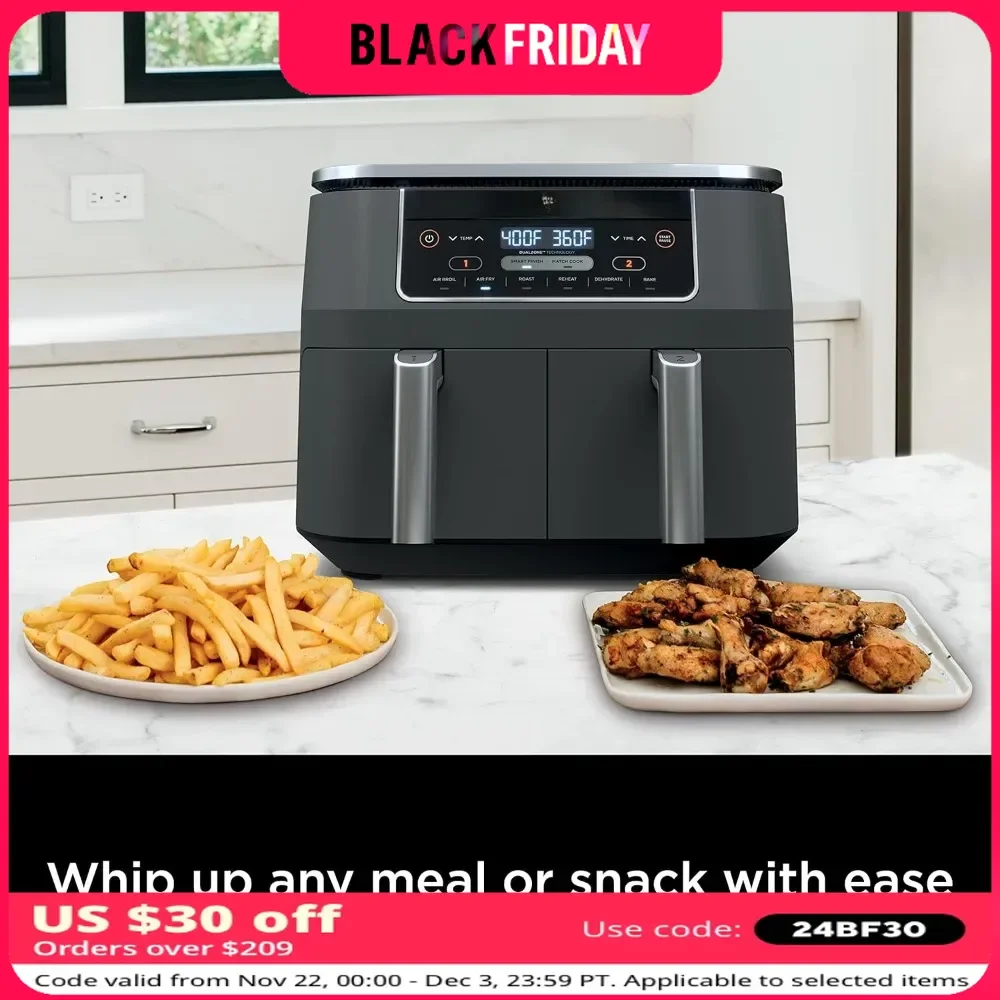 Air Fryer 2-Basket with 2 Independent Frying Baskets, Match Cook & Smart Finish to Roast, Broil, Grey Air Fryer