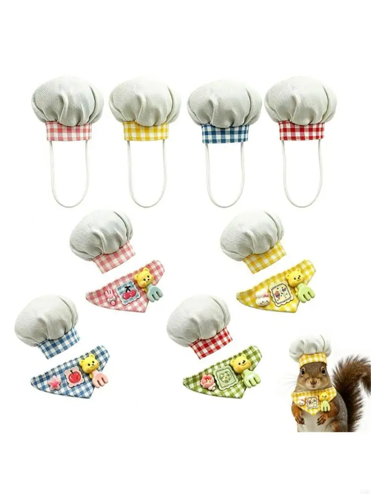 Reptiles Small Pet Costume Cook Hat with Bib for Photo Styling, Plaids Bandana Accessory for Hamster and Bird Display J0MC