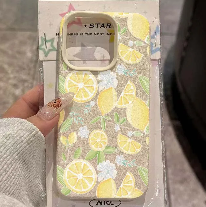

Case For iPhone 16 15 14 13 12 11 Pro Max Yellow Lemon Slice Lichee Pattern pHONE Cover For iPhone 16e XS Max X XR 16 Plus Funda