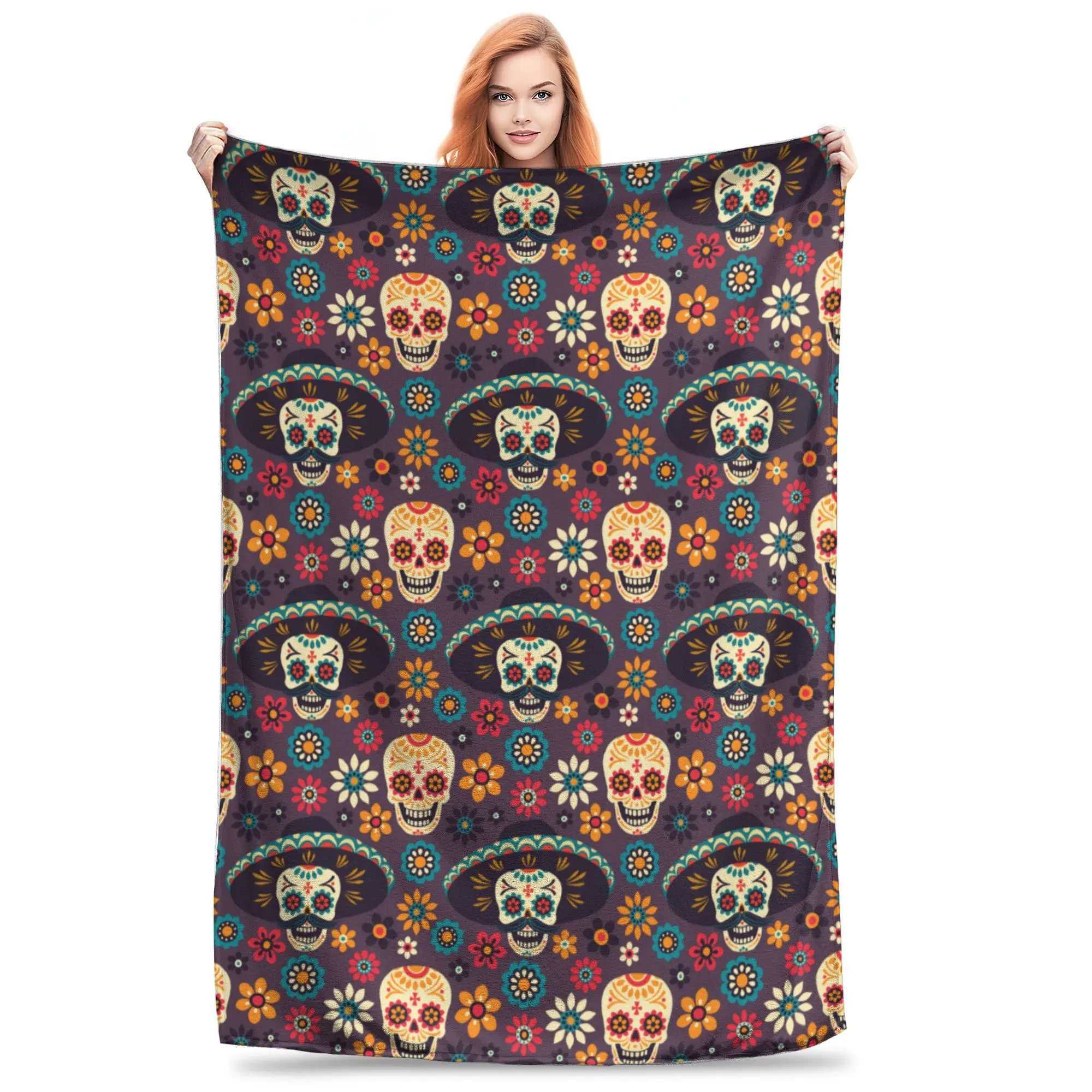 Day of the Dead Sugar Skulls Flowers Throw Blanket for Couch Dia De Los Muertos Festival Calavera Fuzzy Soft Plush Blanket