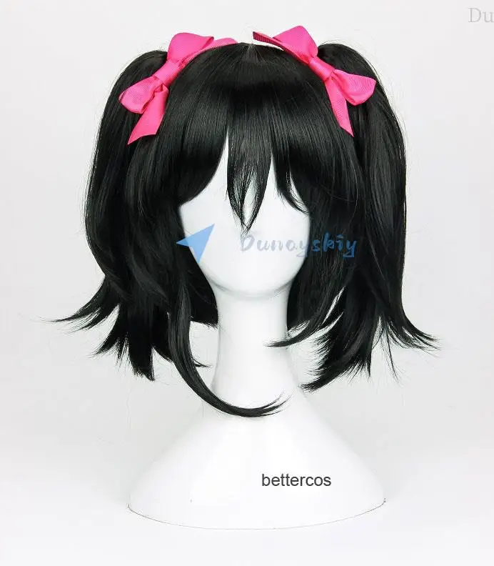 

LoveLive! Love Live Nico Yazawa Niko Cosplay Wig Short Black Ponytail Heat Resistant Synthetic Hair Wigs + Bowknot Hairpins