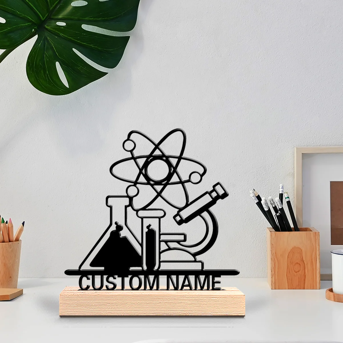 1pc Stylish Personalized Custom Chemistry Metal Statues Science-Themed Wooden Base Decor for Labs Classrooms Geeky Home