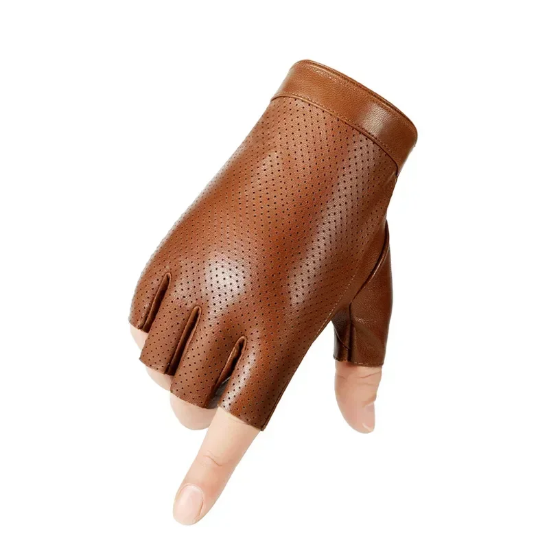 Mens Sheepskin Half Finger Driving Gloves for Fitness High Quality Breathable Leather Gloves Fingerless Driver Sports Motorcycle