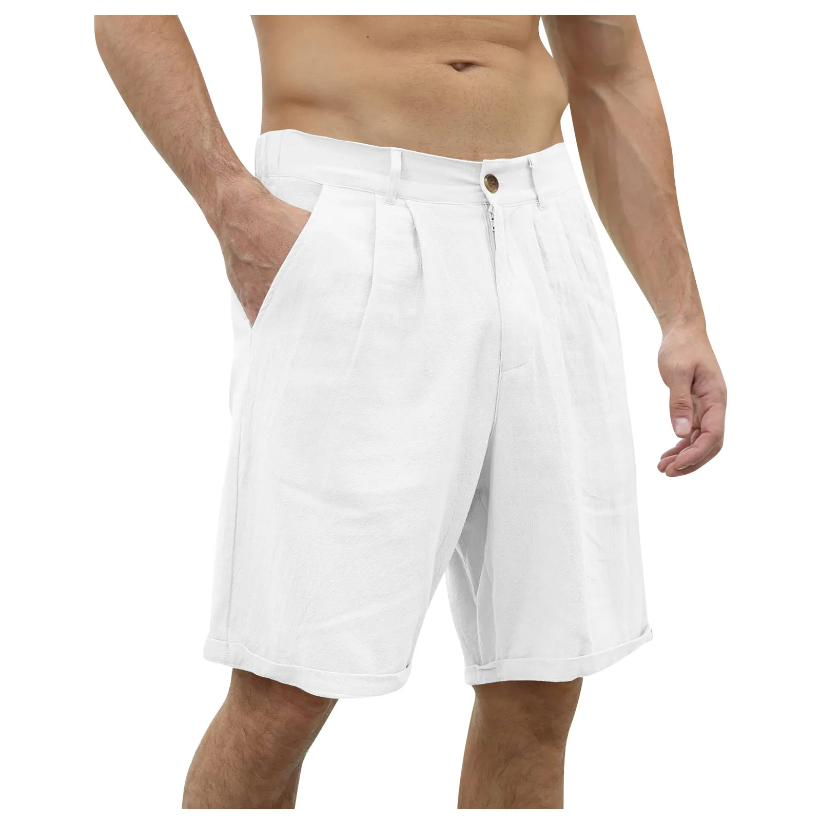 Mens Solid Linen Casual Beach Shorts Cotton Classic Summer Shorts Buttons Elastic Waist Quick Dry Fashion Surfing Swim Trunks