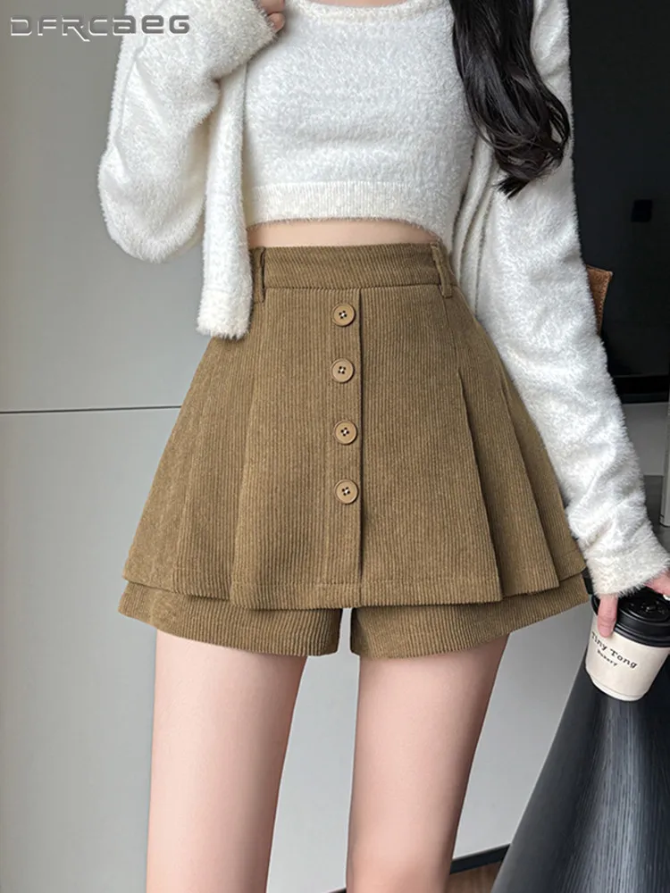 

College Style Retro Corduroy Woman Shorts Skirts With Button Autumn Winter Casual Hot Sweet Mini Short Skirt Lady
