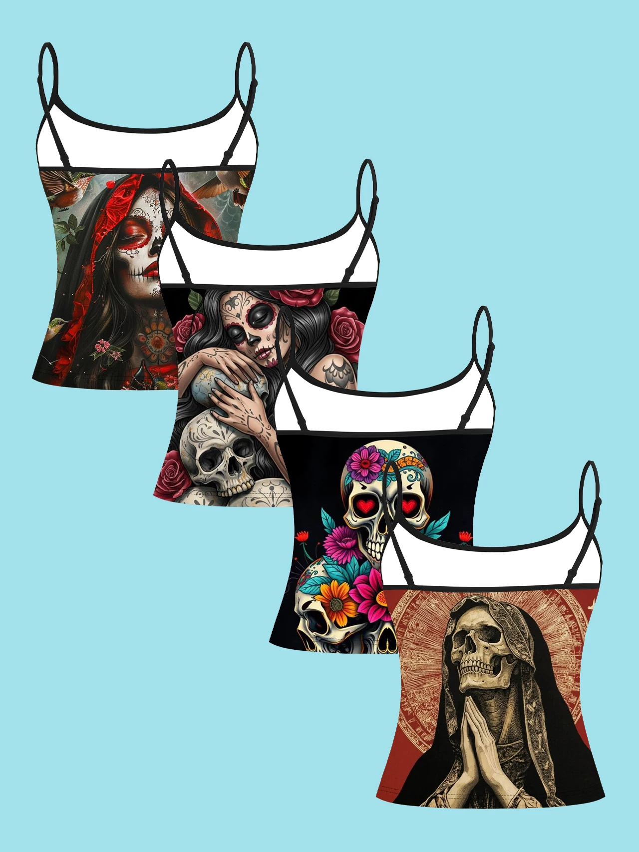 4-Piece Set of Day of the Dead Vintage Sugar Skull Print Camisole Tops for Women, Rose Floral Spaghetti Strap Slim-Fit Halloween Inner Wear