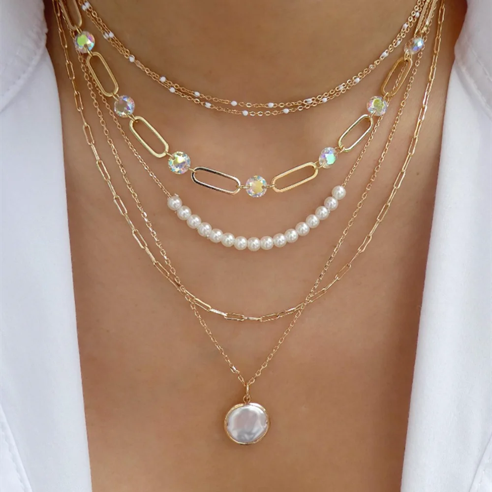 Vintage Multilevel Artificial Pearl Chain Transparent Crystal Pendant Necklace For Women Girls Fashion Gold-plate Trend Jewelry