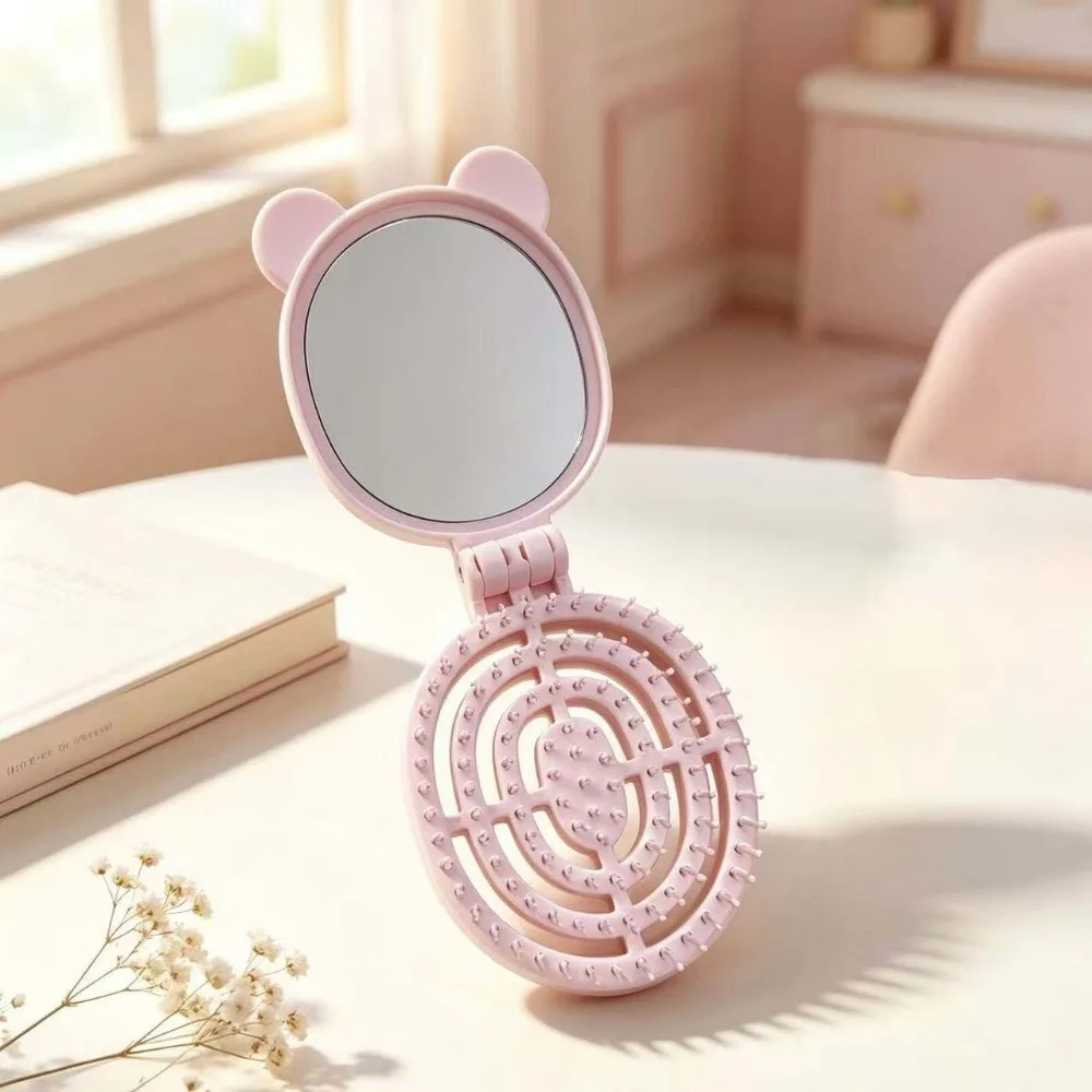 2-in-1 Folding Hair Brush with Mirror Portable Multi-Function Macaron Folding Mirror Comb Pocket Size Compact