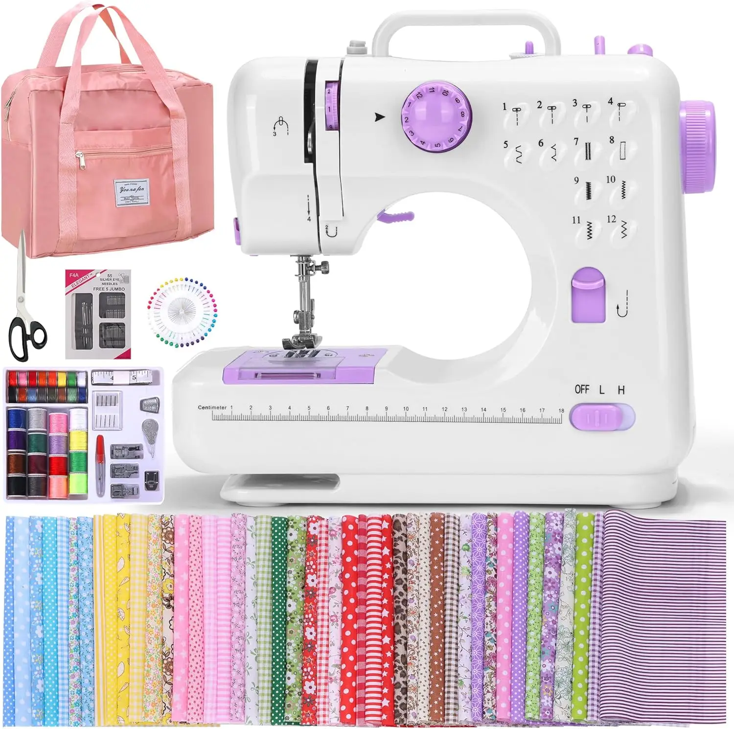 

Электрическая мини-швейная машинка с 12 стежками, портативная, для начинающих, в комплекте с сумкой для хранения и тканью.