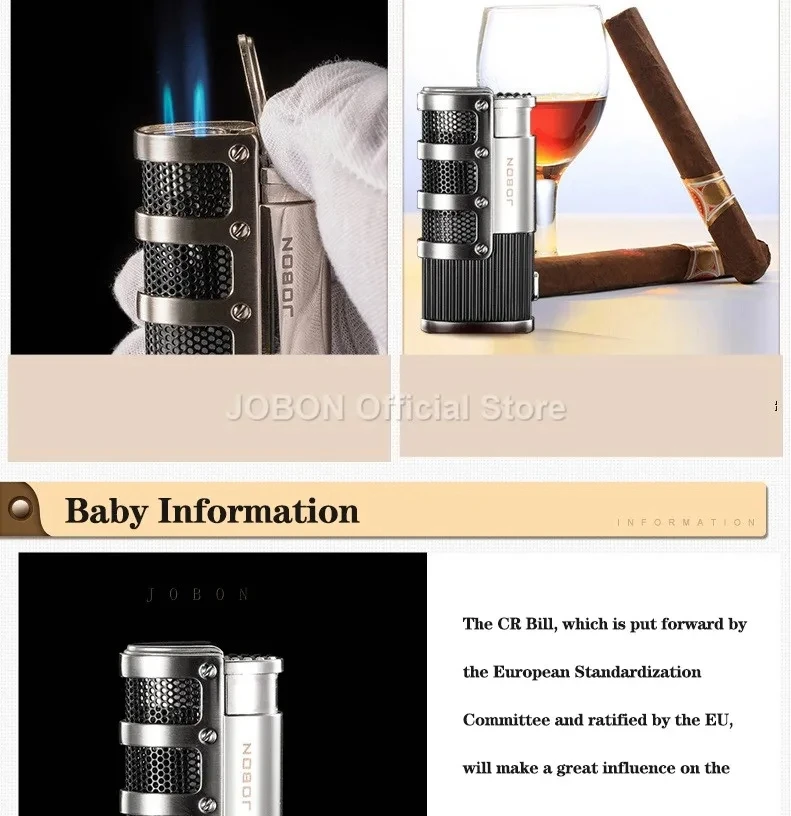 JOBON neues Metall-Outdoor-Feuerzeug mit winddichter Butangasflamme, blauer Flamme, 3-flammigem Turbo-Jet-Zigarrenanzünder, Zigarrenschneider, Geschenk für Männer. – Detail 2