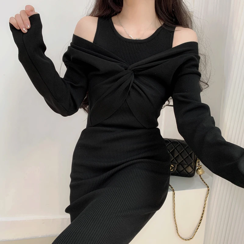 Vestido Curto de Malha Slim Fit com Design de Ombro Descoberto e Torcido, Camada Base + Top Sem Mangas para Moda Fena de ...