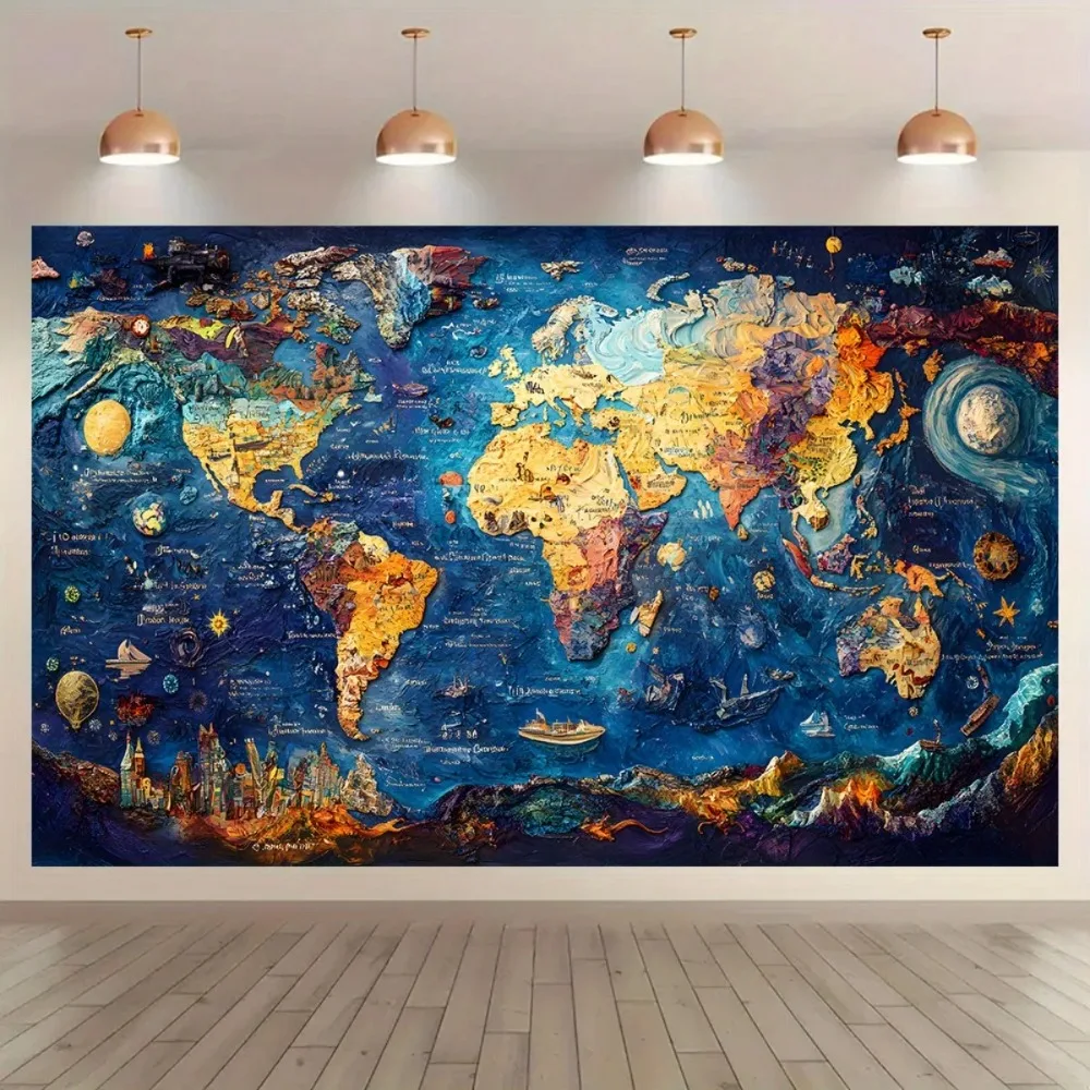 Wonderful World Map Logo Space Banner Background Cloth, Adult Boy Birthday Party, Home Decoration Photography Studio Background