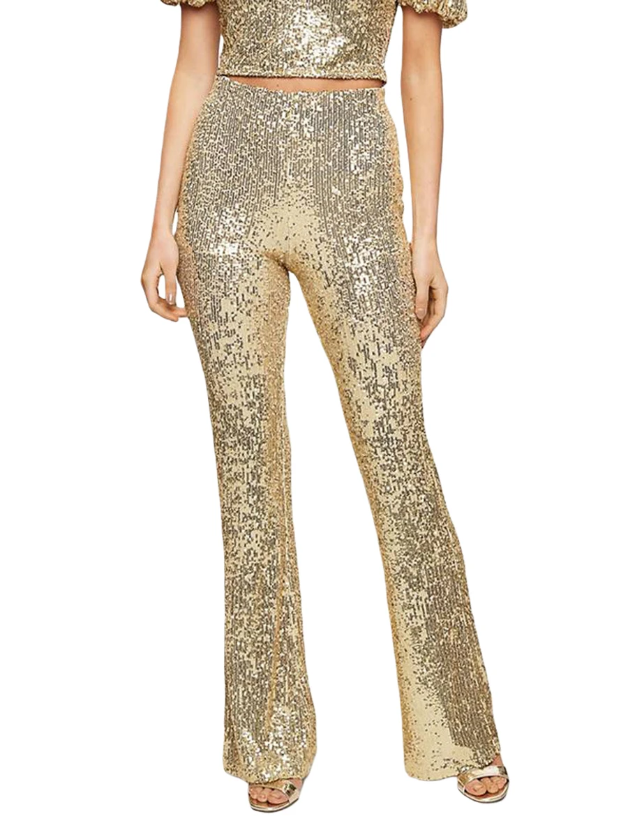 

Women Sequins Wide Leg Trousers High Waist Elastic Band Sequins Loose Sparkle Glitter Trousers Flare Bell Bottom Shiny Pants