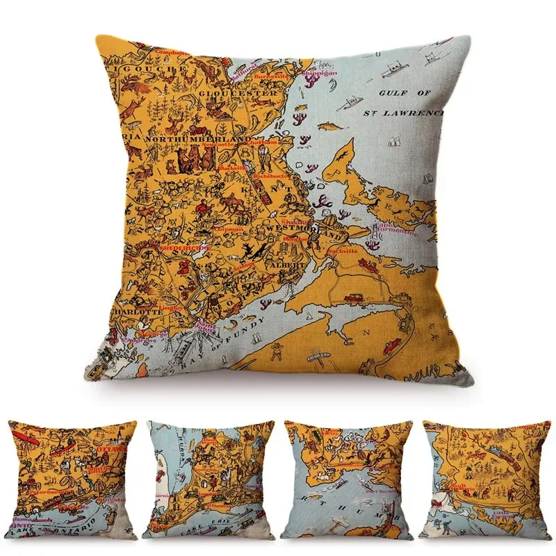 Yellow Vintage Map Nineteenth Century Americas New World View Painting Art Throw Pillow Case Linen Sofa Decorative Cushion Cover