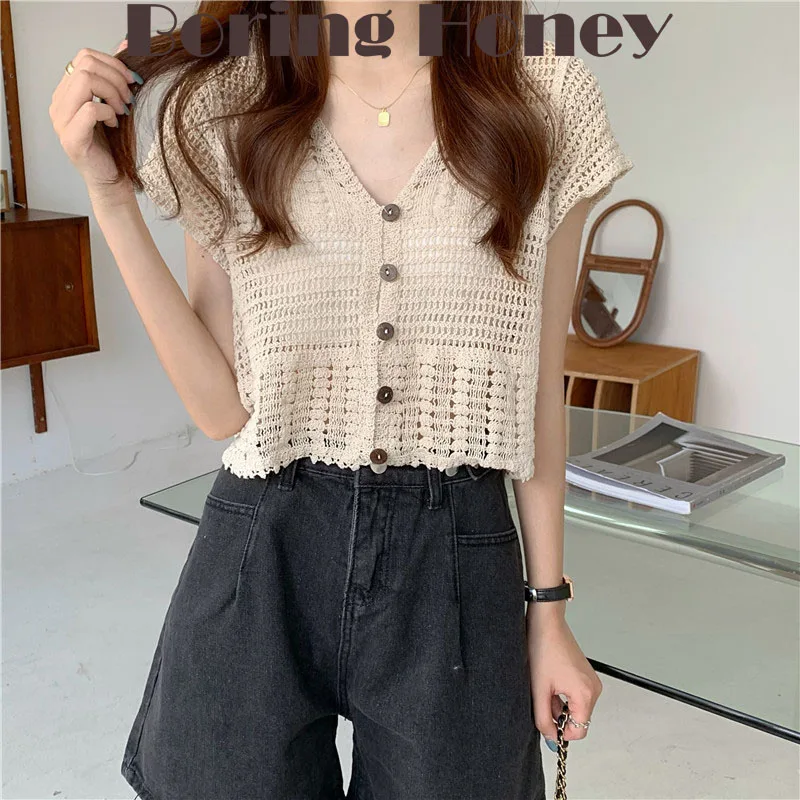 

Boring Honey Fashion Short Cotton Cardigan Sling Joker Small Shawl Hollow Out Tops Women Spring Summer Thin Slim Short Sleeves