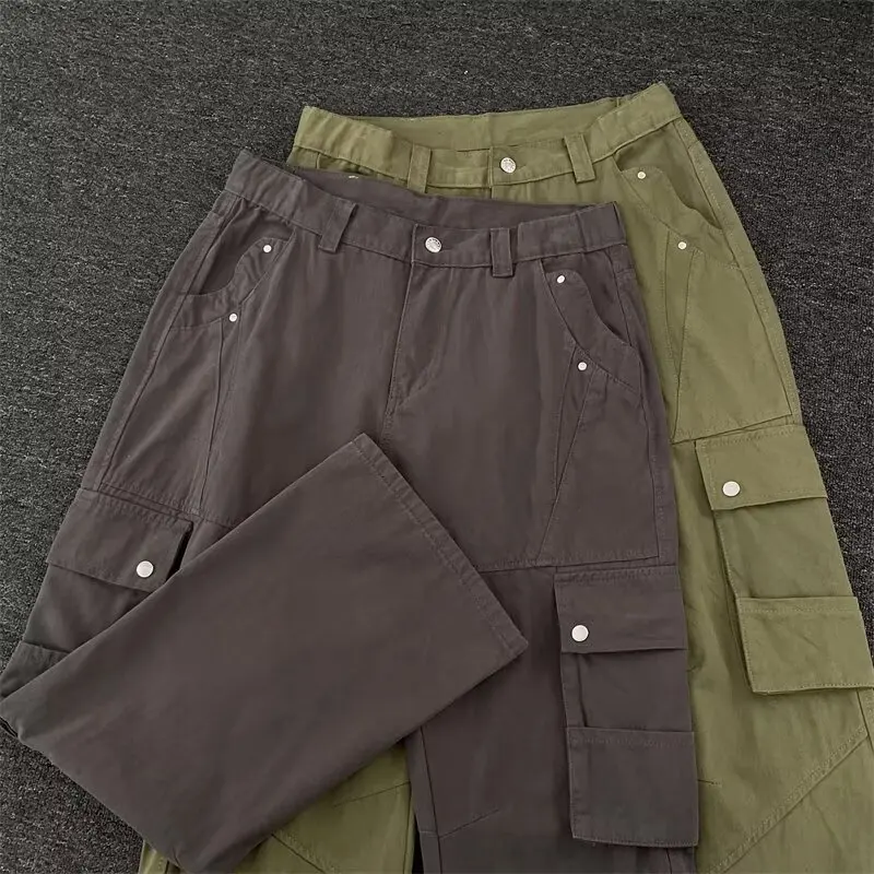 Pantalones Cargo acampanados con bolsillo Mul, diseño de deconstrucción Retro de estilo americano, pantalones largos desgastados lavados de pierna recta Unisex