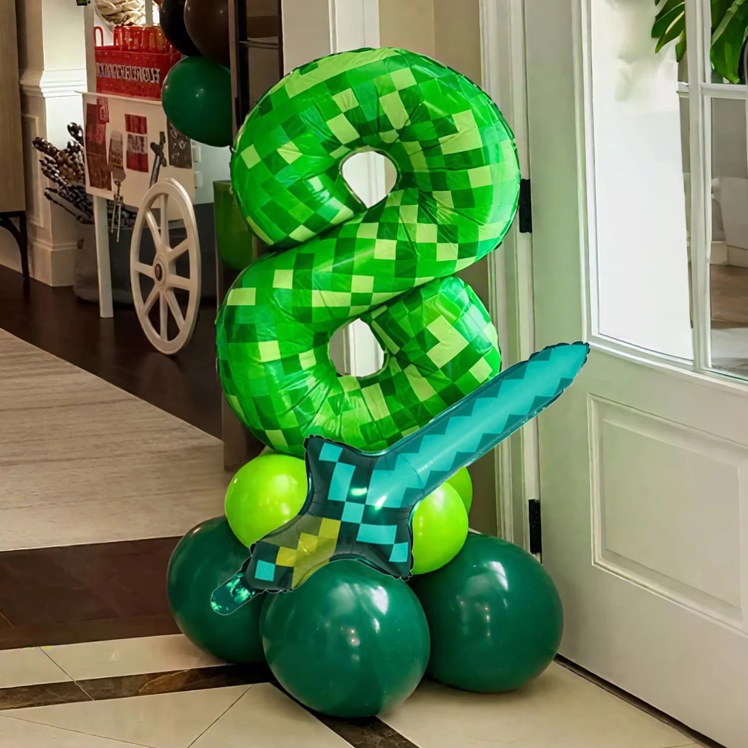Juego de globos temáticos de minero de píxel verde de 40 pulgadas, gran número de minería de Mylar, espada de píxel de diamante, videojuego, decoración de fiesta de cumpleaños