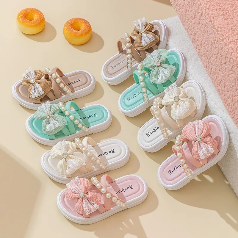 Roman Slide Sandalia Cute Bow Pearl Slippers Girls Summer Indoor Home Bath Non-Slip Sandals Children Princess Flat Beach Shoes