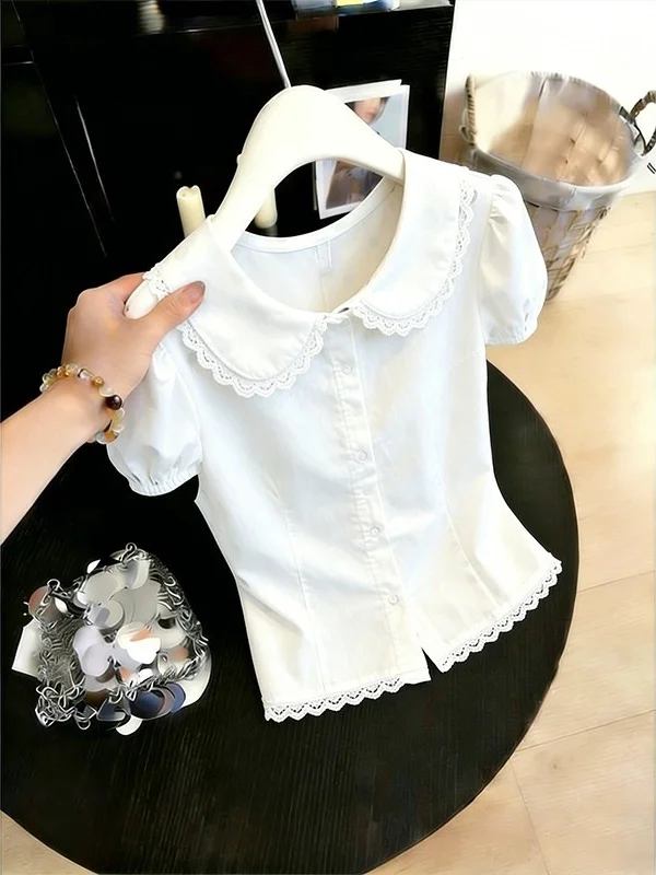 

Sweet Style White Doll Collar Short Sleeve Women's Top Lace Trim Fashionable High End Summer Shirt Slimming Bubble Sleeve