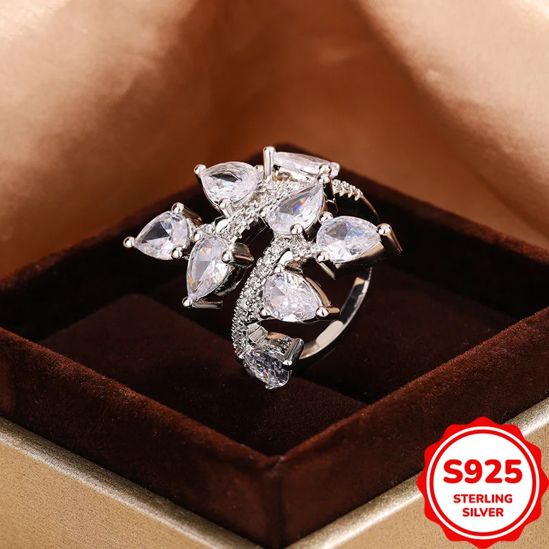 Genuine High-end Temperament S925 Silver Irregular Water Drop Zircon Light Luxury Personalized Ring