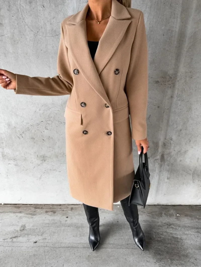 Autumn &winter Fashion Simple Long Sleeved Double Breasted Coat for Women Warm Commuting Windproof Coat Casual Simple