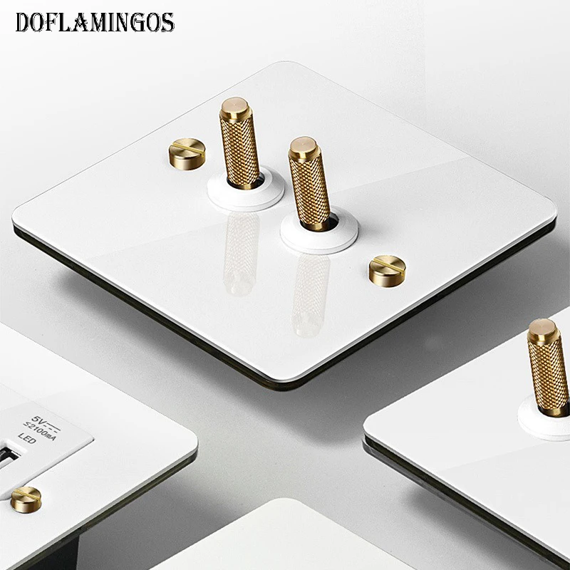 

Europe UK AU NZ Socket White Industrial Style Light Luxury Retro Copper Panel 86 Type Switch led dimmer Power button