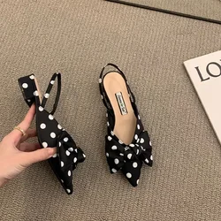 French Thick Heel Bow Toe Sandals Women 2022 Summer Pointed Baotou Thin Back Strap Casual Slip-on Black Gray Sandalias De Mujer