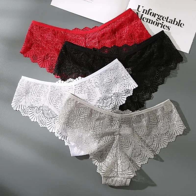 2/3PCS/Set Women\'s Sexy Lace Panties Pure Color Transparent Briefs High Quality Embroidery Female Low-waist Hollow Out Underwear