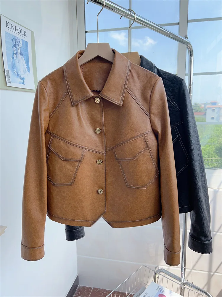 

2024 Same style of online celebrities[High alignment]Taffee leather jacket, sheepskin leather jacket, women's spring clothing