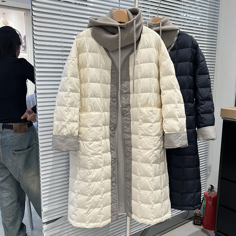 Down Windbreaker Style Patchwork Plaid Women Down Jackets Office Lady Long White Duck Down Coats