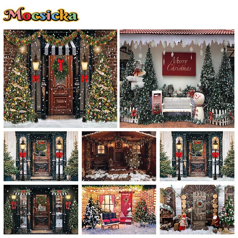 

Mocsicka Winter Christmas Decoration Photography Background Xmas Tree Wreath Store Wood Door Lamp Snowflake Photo Backdrop Props