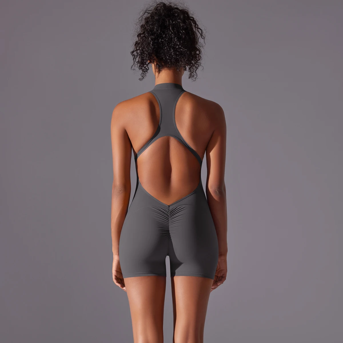 Halb Zipper Frauen Bodys Gym Push Up Workout Kleidung Backless Scrunch Fitness Sport Yoga Body Ärmel Fitness Overall – Detail 38