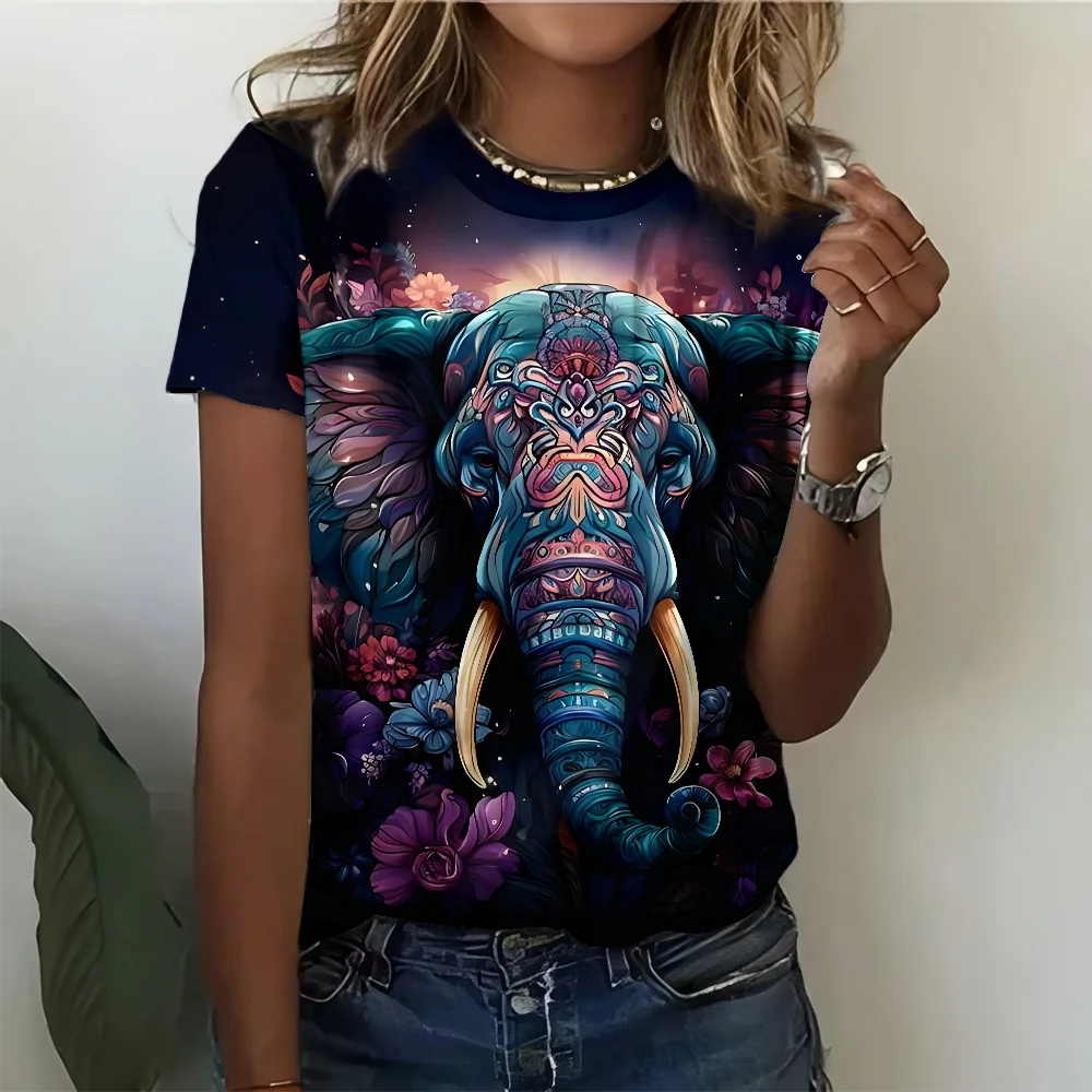 

Женская футболка с художественным этническим принтом слона - яркий цветочный узор, повседневная модная удобная летняя футболка с коротким рукавом
