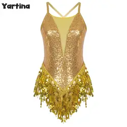 Womens Sparkling Sequins Gymnastics Fringed Leotard Cross Back Bodysuit Latin Dance Performance Costume Figure Skating Costume