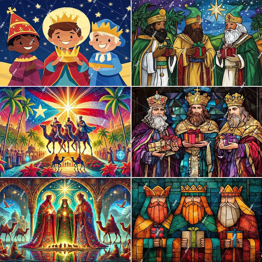 

Cartoon Spanish Three Kings Day The Three Wise Men Religion Happy Epiphany Party Decor Banner Baby Baptism Wall Decor Backdrop