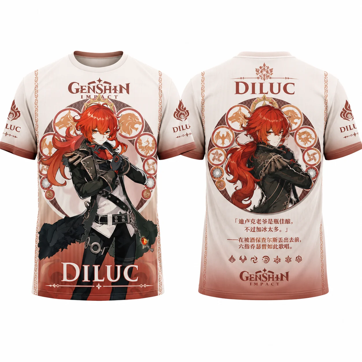 Genshin Diluc Character All‑Over‑Print Tshirt, Breathable Quick Dry 3D Printed Casual Tshirt Unisex Streetwear Tops