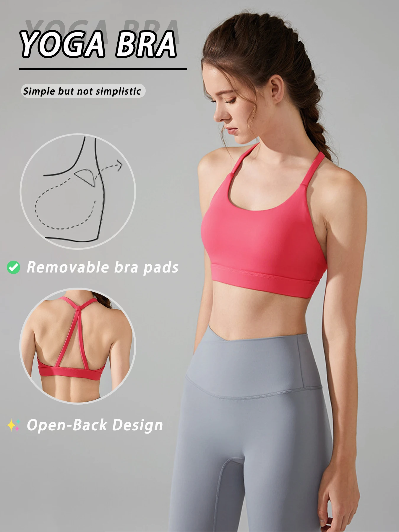 

Women's Spaghetti Strap Yoga Bra with Built-in Cup - Quick Dry Moisture-Wicking Light Support Workout Fitness Sports Bra