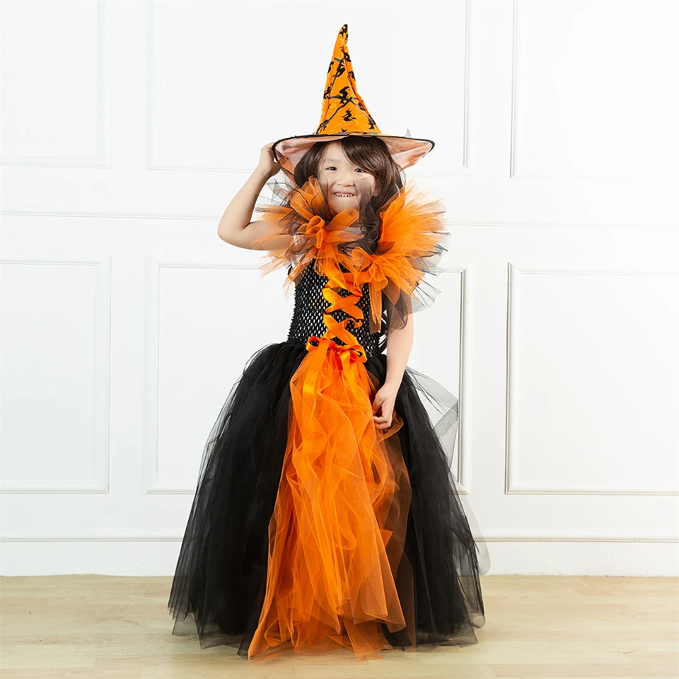 Children Long Witch Ghost Vampire Halloween Costume Carnival Girl Fluffy Tulle Demon Backless Masquerade Stage Performance Dress