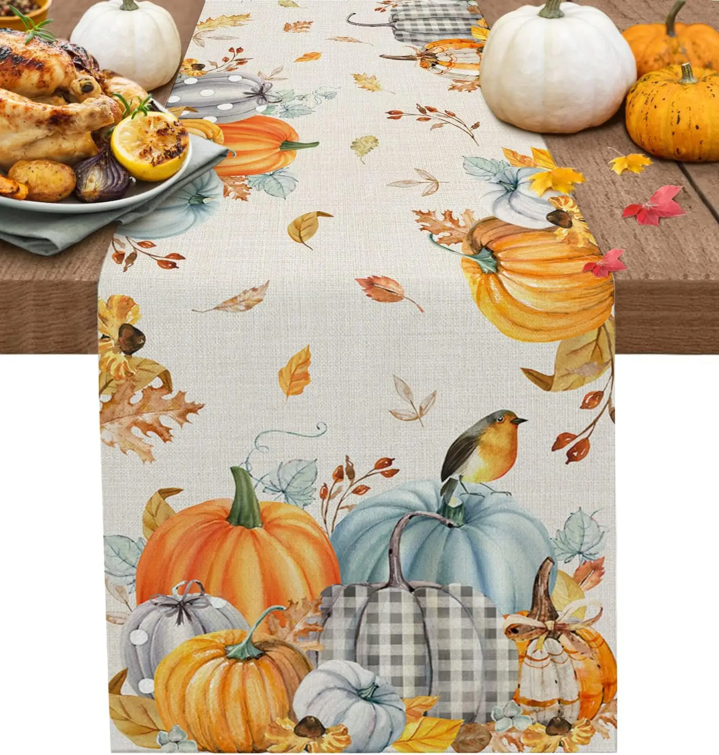 Thanksgiving Pumpkin Maple Leaf Linen Table Runner Dresser Scarf Decor Reusable Kitchen Dining Table Runner Party Decorations