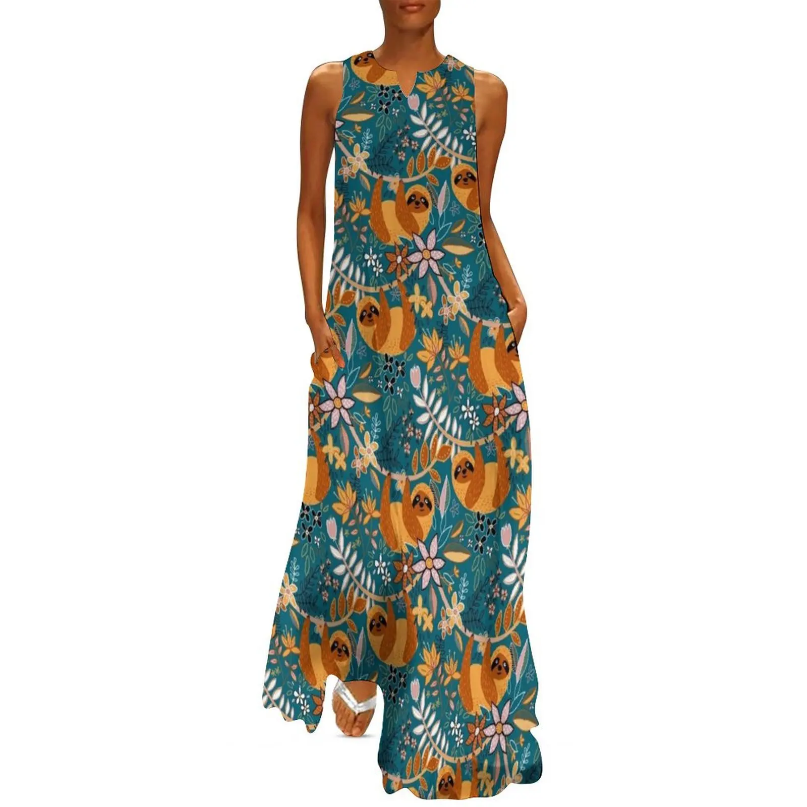 Happy Boho Sloth Floral Long Dress cocktail dresses dresses summer Dress